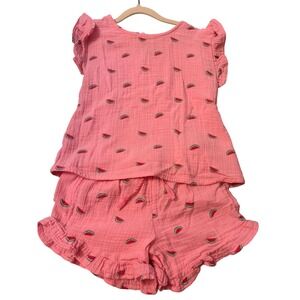 Old Navy Kids Pink Gauze Watermelon Embroidered Top and Shorts Set 6T